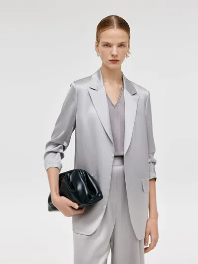Goelia Acetate 3/4 Ruched Sleeves Women Blazer In Gray