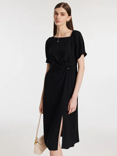 Goelia Acetate Asymmetric Neck Slit Twist Waist Women Midi Dress In Black