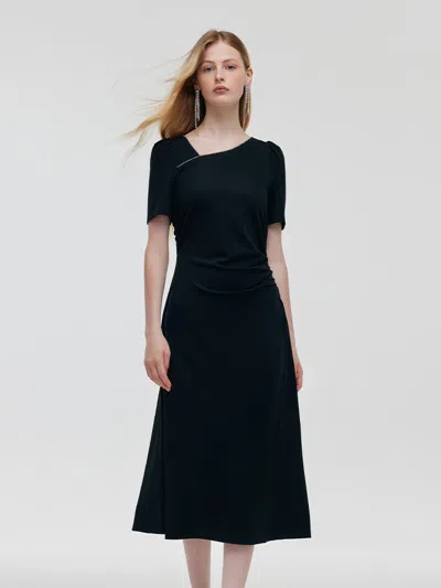 Goelia Acetate Asymmetric Neck Women Midi Dress In Black