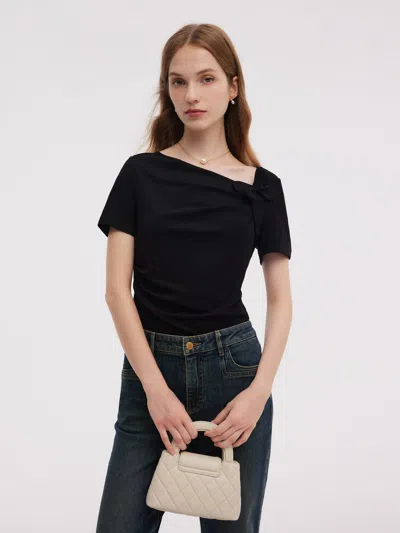 Goelia Acetate Blend Asymmetric Neckline Women T-shirt In Black