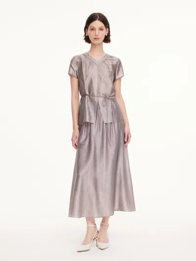 Goelia Acetate Blend Beaded V-neck Blouse And Skirt Two-piece Set In Silver