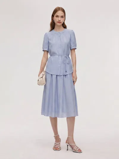 Goelia Acetate Blend Blouse And A-line Skirt Belted Two-piece Set In Blue