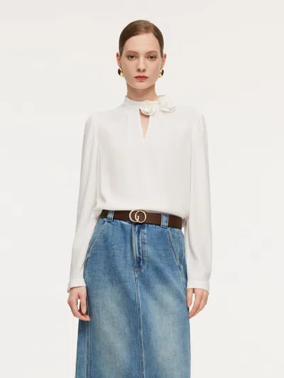 Goelia Acetate Blend Floral Neck Women Blouse In White