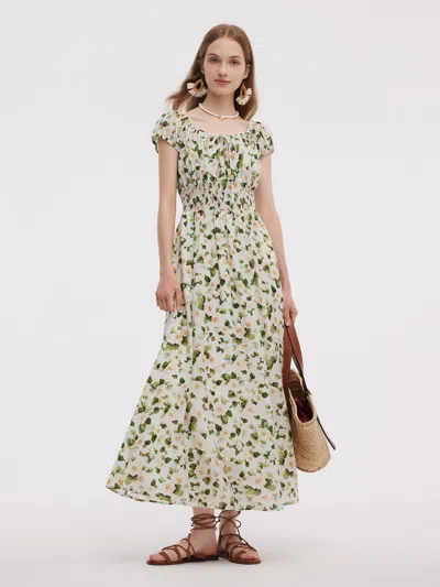 Goelia Acetate Blend Floral Print Adjustable Drawstring Neckline Women Maxi Dress In Multi