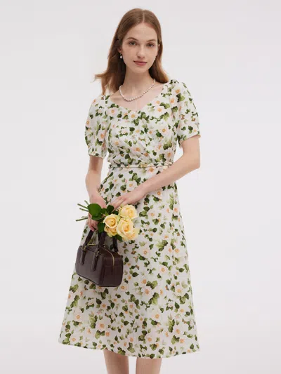 Goelia Acetate Blend Floral Print Women V-neck Midi Dress With Belt In Multi