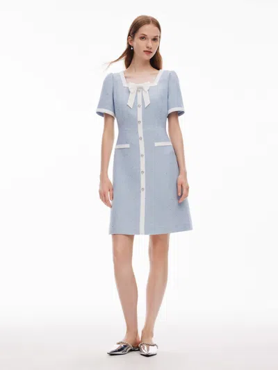 Goelia Acetate Blend Sequins Tweed Contrast Trim Women Mini Dress In Blue