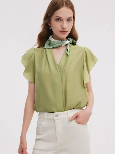 Acetate Blend V-neck Women Ruffle Sleeve Blouse In Green from Goelia