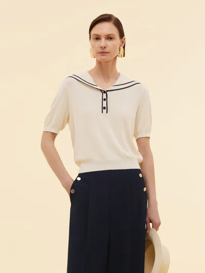 Goelia Acetate Cotton Blend Women Sailor Collar Knit Top In Neutral
