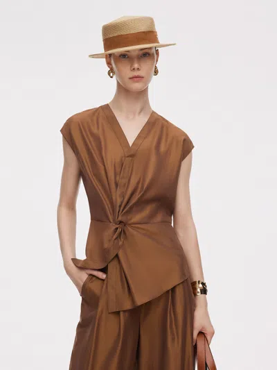 Goelia Acetate Modal Blend Twist Front Women Asymmetrical Top In Brown