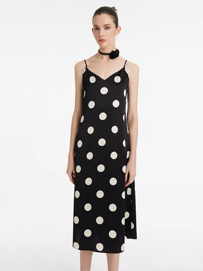 Goelia Acetate Polka Dots Print Spaghetti Strap Women Midi Dress With Rose Belt In Multi
