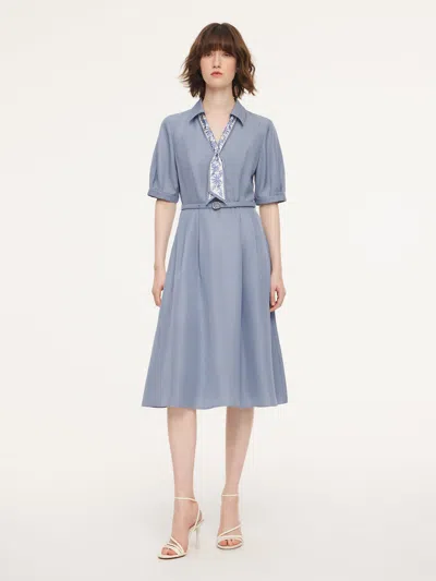 Goelia Acetate Tencel Linen Blend Women Midi Dress With Silk Scarf And Belt In Blue