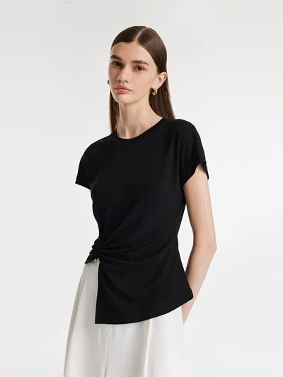 Goelia Acetate Waist Twist Asymmetric Hem Women Knit Top In Black
