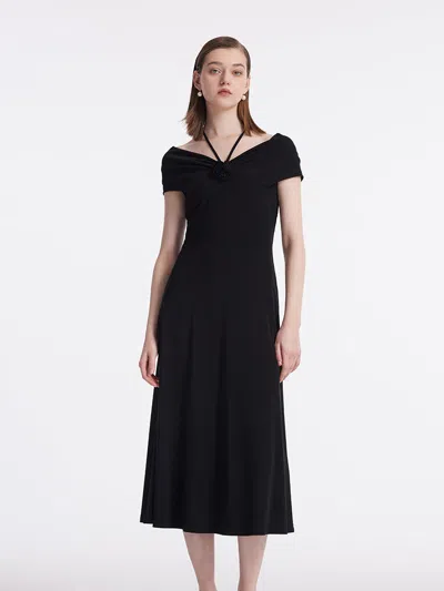 Goelia Acetate Women Midi Dress With 3d Rose And Halter String In Black