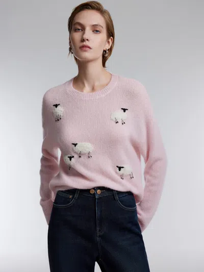 Goelia Alpaca Wool Blend Sheep Embroidered Women Sweater In Pink