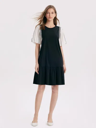 Goelia A-shape Patchwork Puff Sleeve Mini Dress In Black