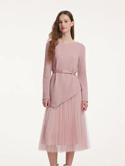 Goelia Asymmetrical Hem Top And Tulle Women Skirt With Belt Two-piece Set In Brown