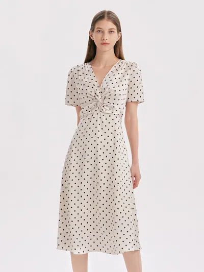 Goelia Beige Combo Print V-neck Twisted Polka Dot Midi Dress In Multi