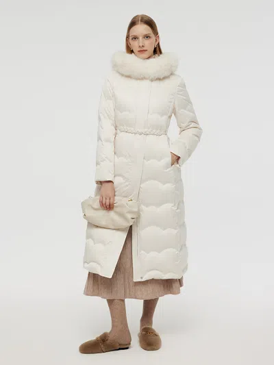 Goelia Belted Long Goose Down Coat With Detachable Faux Fur Hood In White