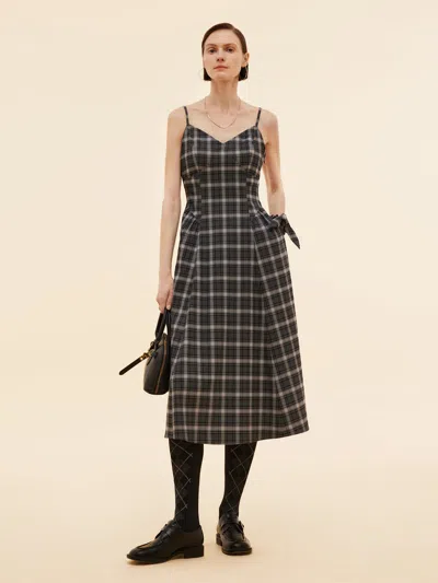 Goelia Black And Grey Plaid Women Strap Midi Dress In Brown