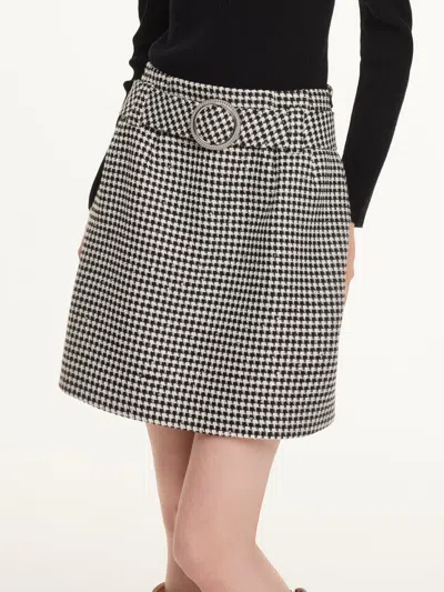 Goelia Black And White Houndstooth Women A-line Skirt With Belt In Multi