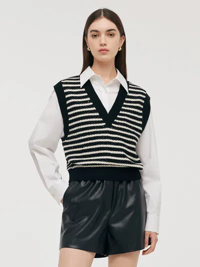 Goelia Black And White Stripe Women Vest In Multi