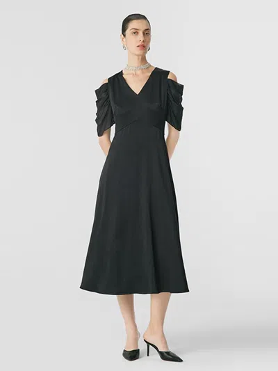 Goelia Black Triacetate Gathered Waist V-neck Midi Dress