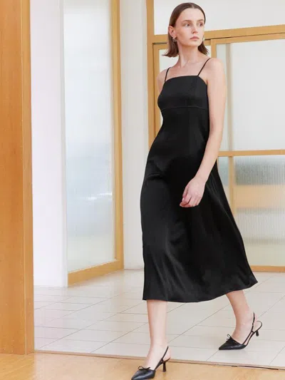 Goelia Black Triacetate Spaghetti Strap Midi Dress