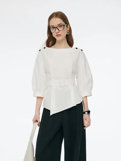 Goelia Boat Neck 3/4 Sleeve Women Blouse With Belt In White