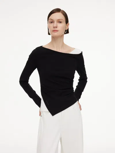 Goelia Boat Neck Asymmetrical Hem Women Color Block Knit Top In Black