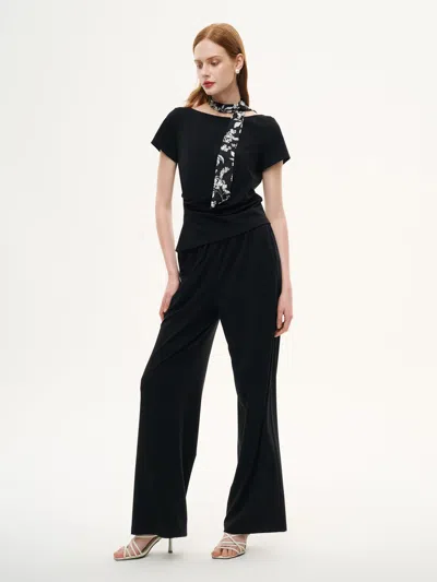 Goelia Boat Neck Side Ruched Top And Pants Two-piece Set With Floral Print Scarf In Black