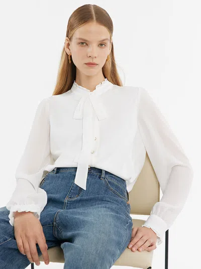 Goelia Bow Tie Ruffle Collar Women Shirt In White
