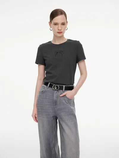 Goelia Bowknot Print Gathered Waist Women T-shirt In Gray