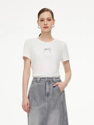 Goelia Bowknot Print Gathered Waist Women T-shirt In White