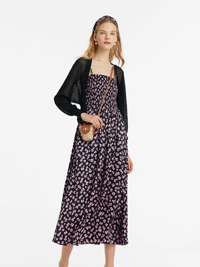 Goelia Bowknot Print Spaghetti Strap Maxi Dress And Knitted Cardigan Two-piece Set With Scrunchie In Purple