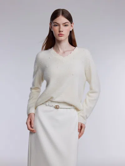Goelia Brushed Silk Cashmere Wool Blend Women Beaded Sweater In White