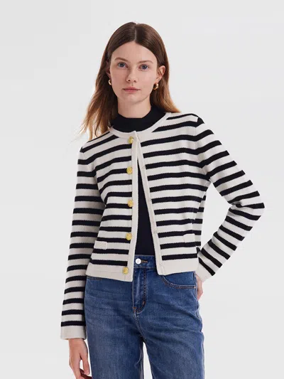 Goelia Button Up Woolen Striped Lady Cardigan In White