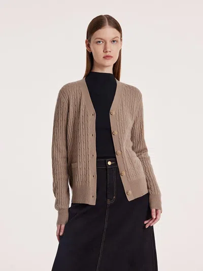 Goelia Camel Pure Cashmere V-neck Cable Knit Women Cardigan In Brown