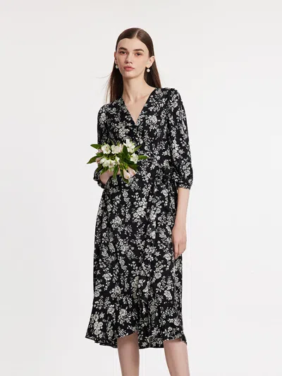 Goelia Camellia Print V-neck Ruffle Hem Women Midi Wrap Dress In Black