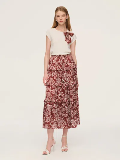 Goelia Cap Sleeve Knit Top And Marigold Floral Print Tiered Skirt Two-piece Set With Silky Scarf In Multi