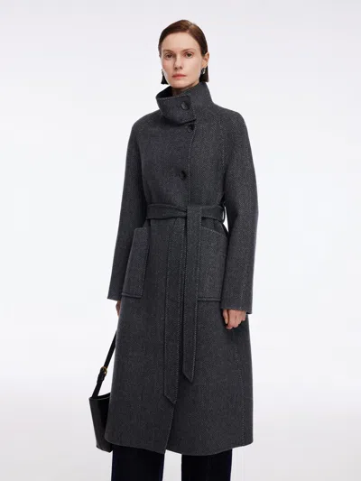 Goelia Cashmere Wool Blend Double-faced Women Self-tie Belt Overcoat In Black