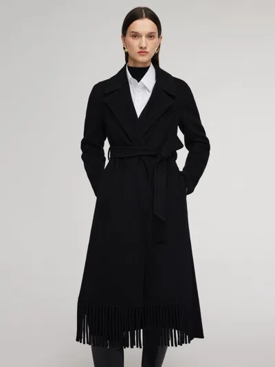 Goelia Cashmere Wool Blend Fringe Hem Women Wrap Overcoat In Black
