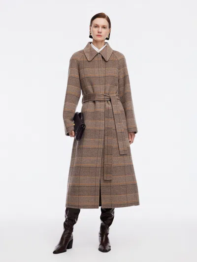 Goelia Cashmere Wool Blend Plaid Double-faced Women Wrap Overcoat In Brown