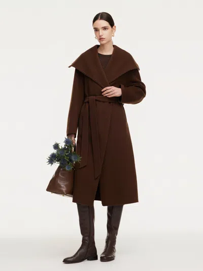 Goelia Cashmere Wool Blend Wide Collar Double-faced Women Wrap Overcoat In Brown