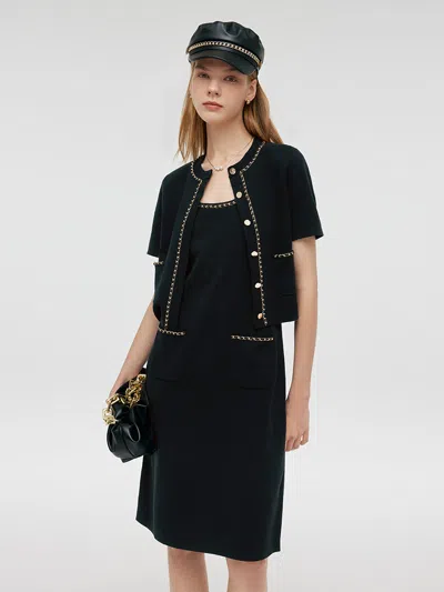 Goelia Chain Trim Knitted Jacket And Vest Dress Two-piece Set In Black