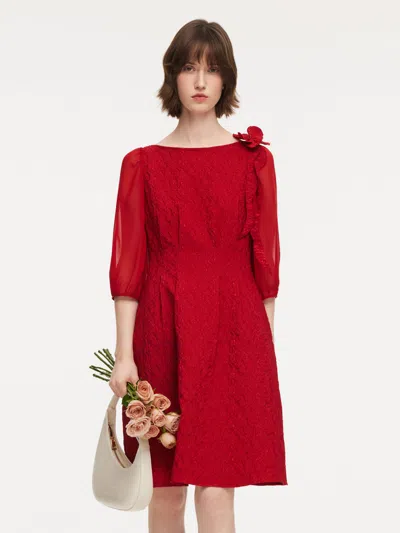 Goelia Chili Red Jacquard Boat Neck Women Midi Dress With Detachable Flower
