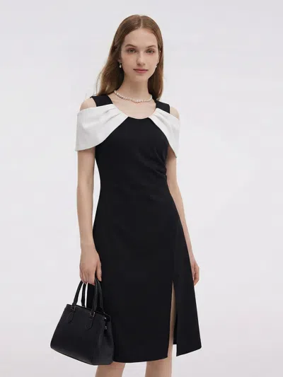 Goelia Color Block Cold Shoulder Women Patchwork Side Slit Knit Midi Dress In Black