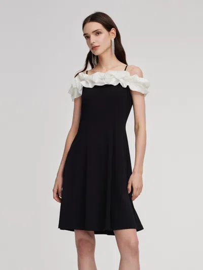 Goelia Color Block Ruffle Women Knit Mini Dress With Detachable Straps In Black
