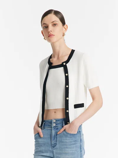 Goelia Contrast Trim Knitted Cardigan And Camisole Two-piece Set In White