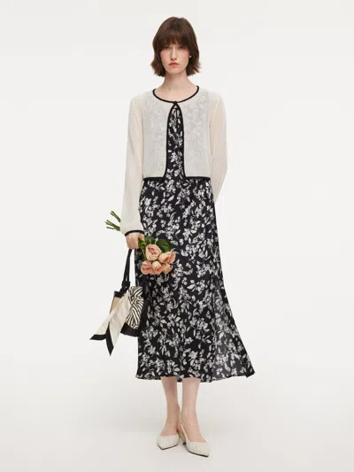 Goelia Contrast Trim Openwork Cardigan And Floral Print Sleeveless Dress Two-piece Set In Black