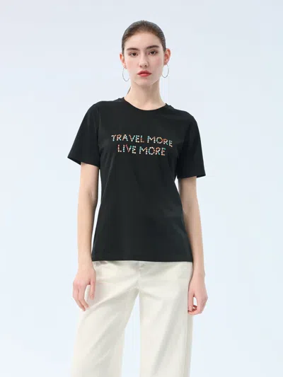 Goelia Cotton Beaded Letter Women T-shirt In Black